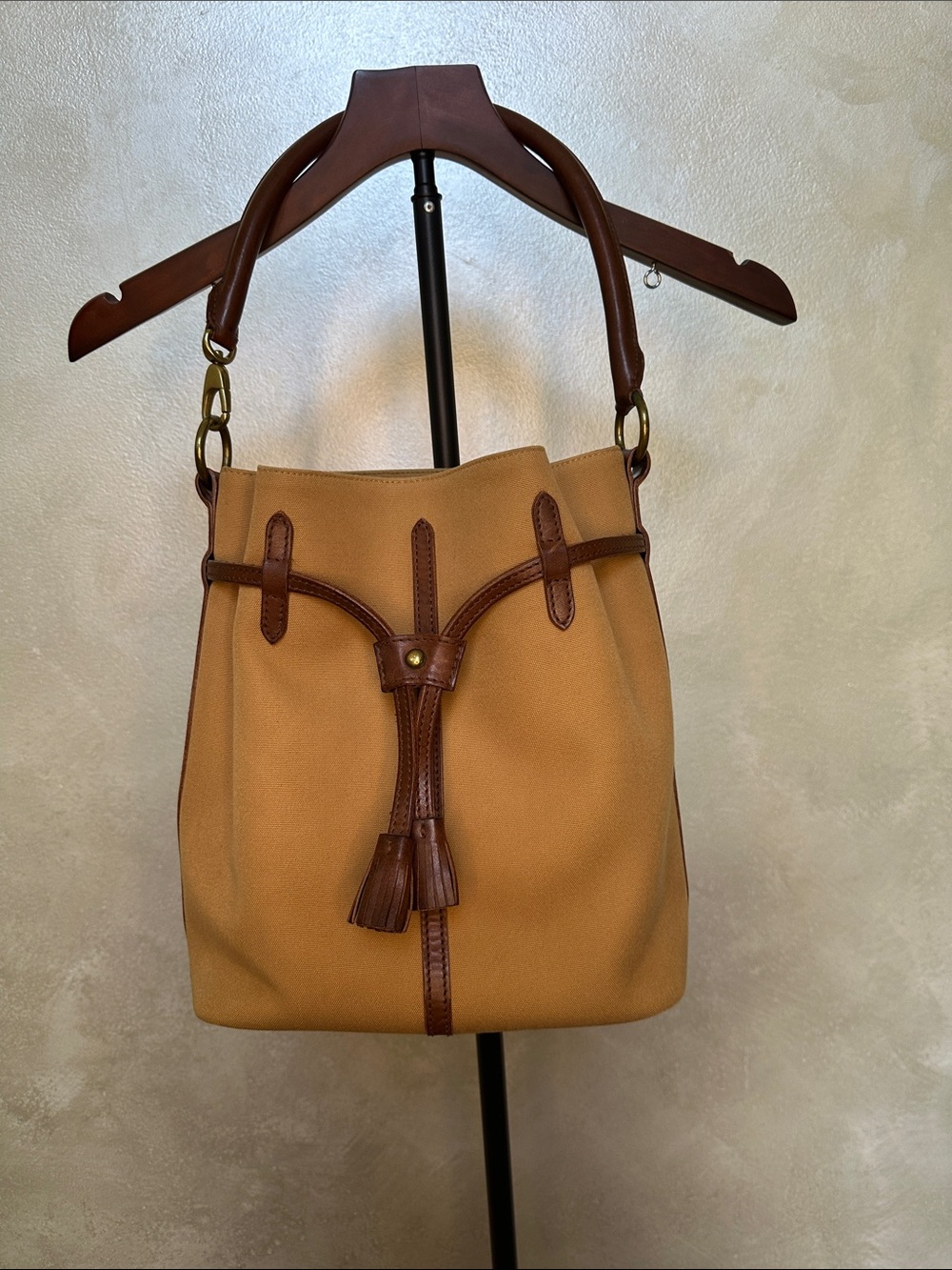 Pristine VTG Ralph Lauren Leather Canvas Drawstring Bucket Bag Made in Korea